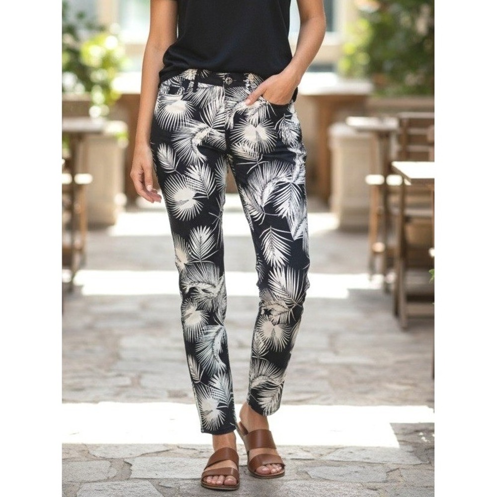 Jen7 by 7 For All Mankind Ankle Skinny Pants Black White Palm Leaf Print Size 10